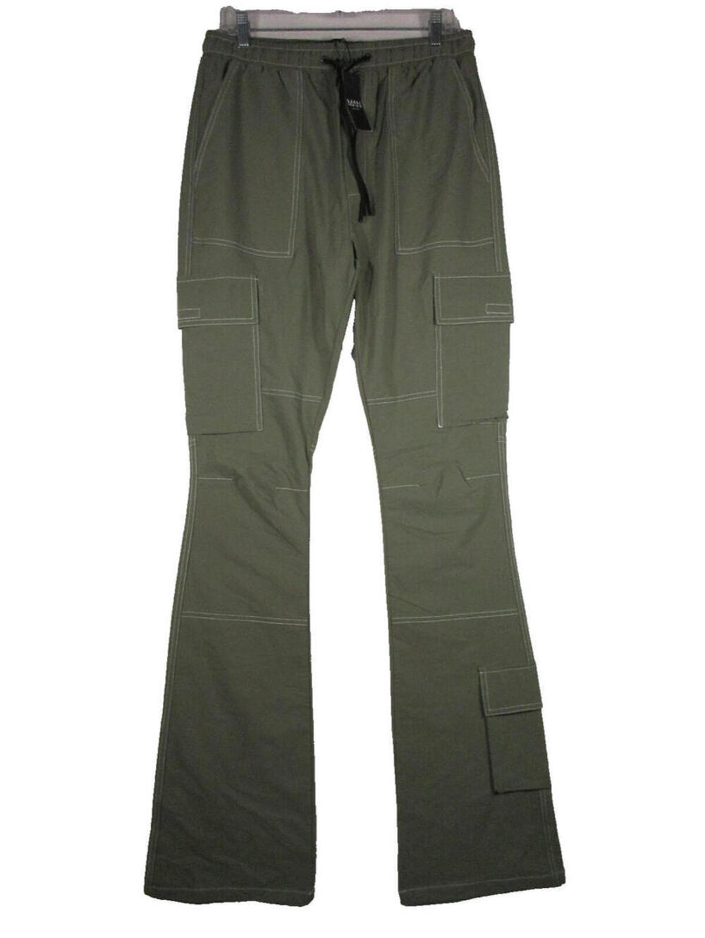 BoohooMAN Elastic Waist Slim Flare Contrast Stitch Cargo Trouser Pants Size M